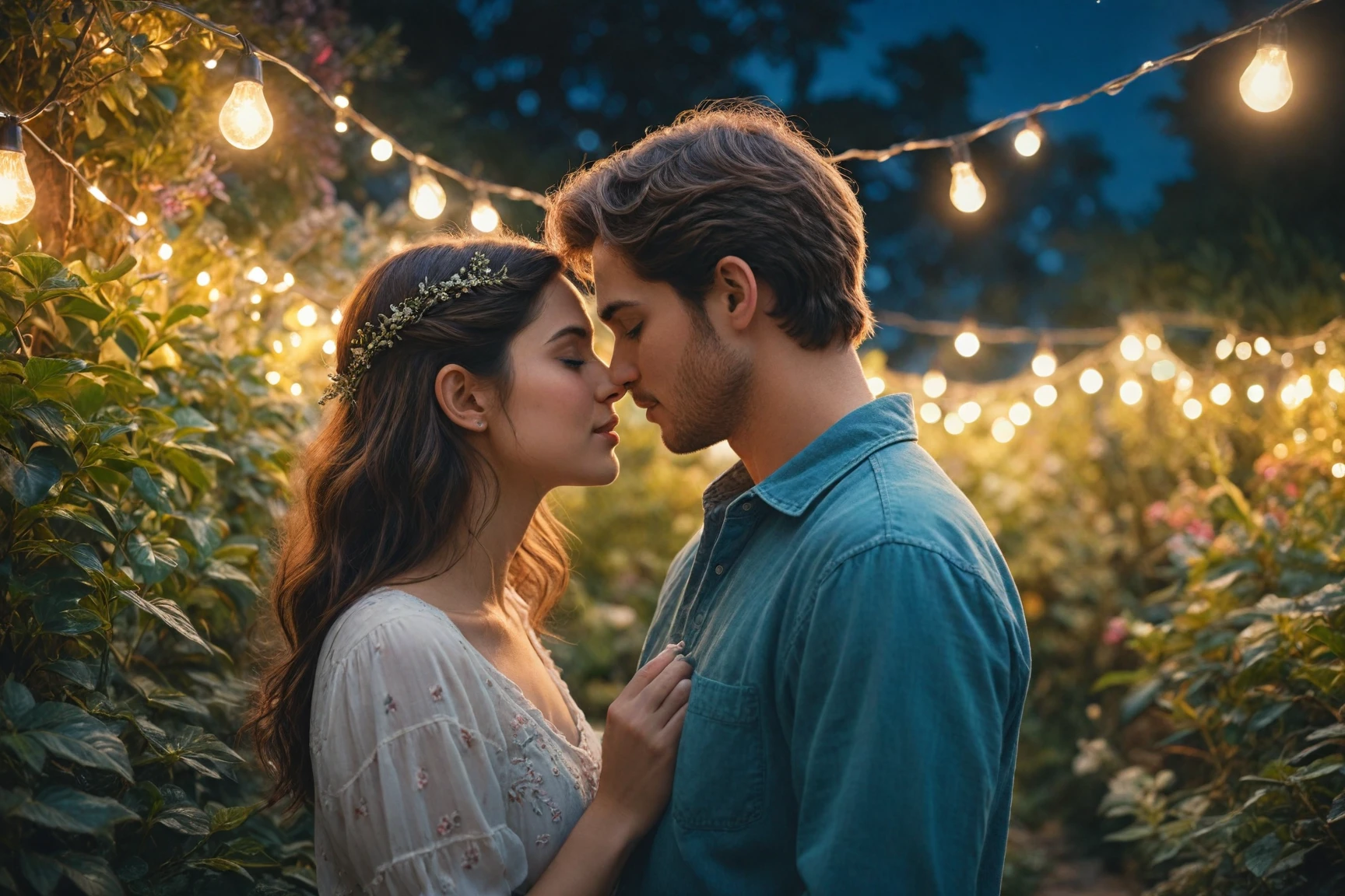 Romantic couple sharing an intimate moment before their first kiss, highlighting anticipation and connection