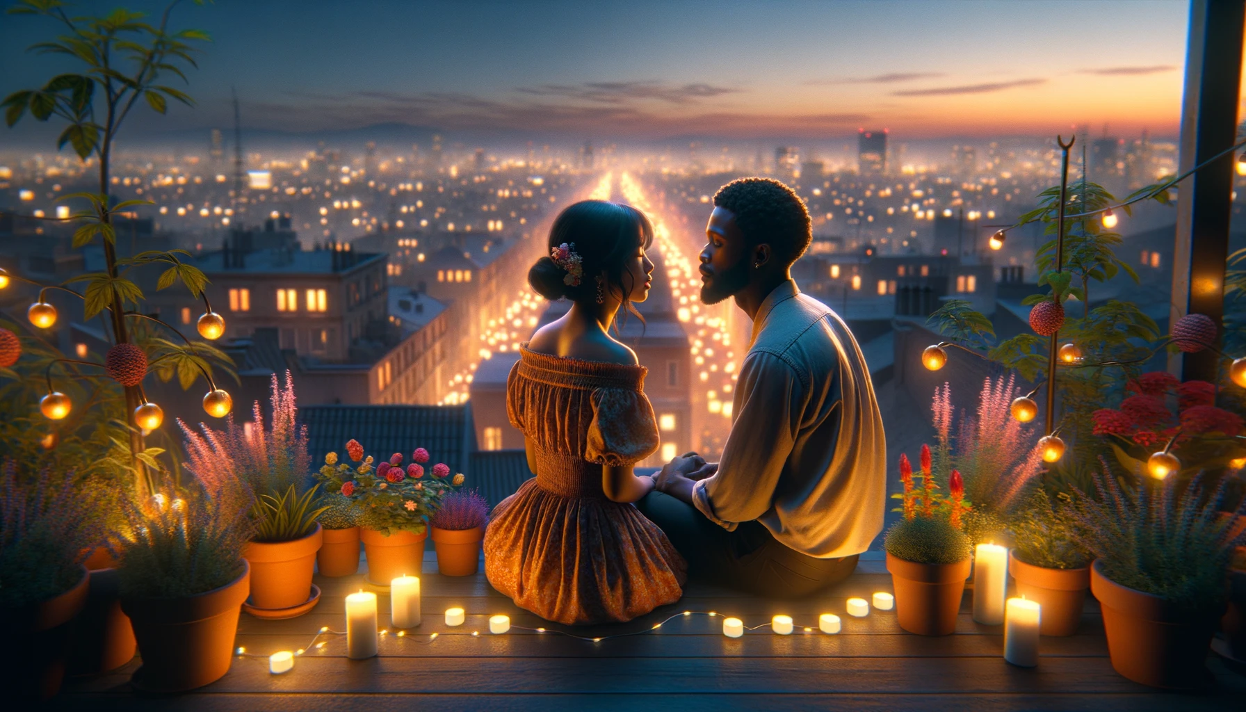 Romantic rooftop setting for a first kiss with enchanting city lights backdrop