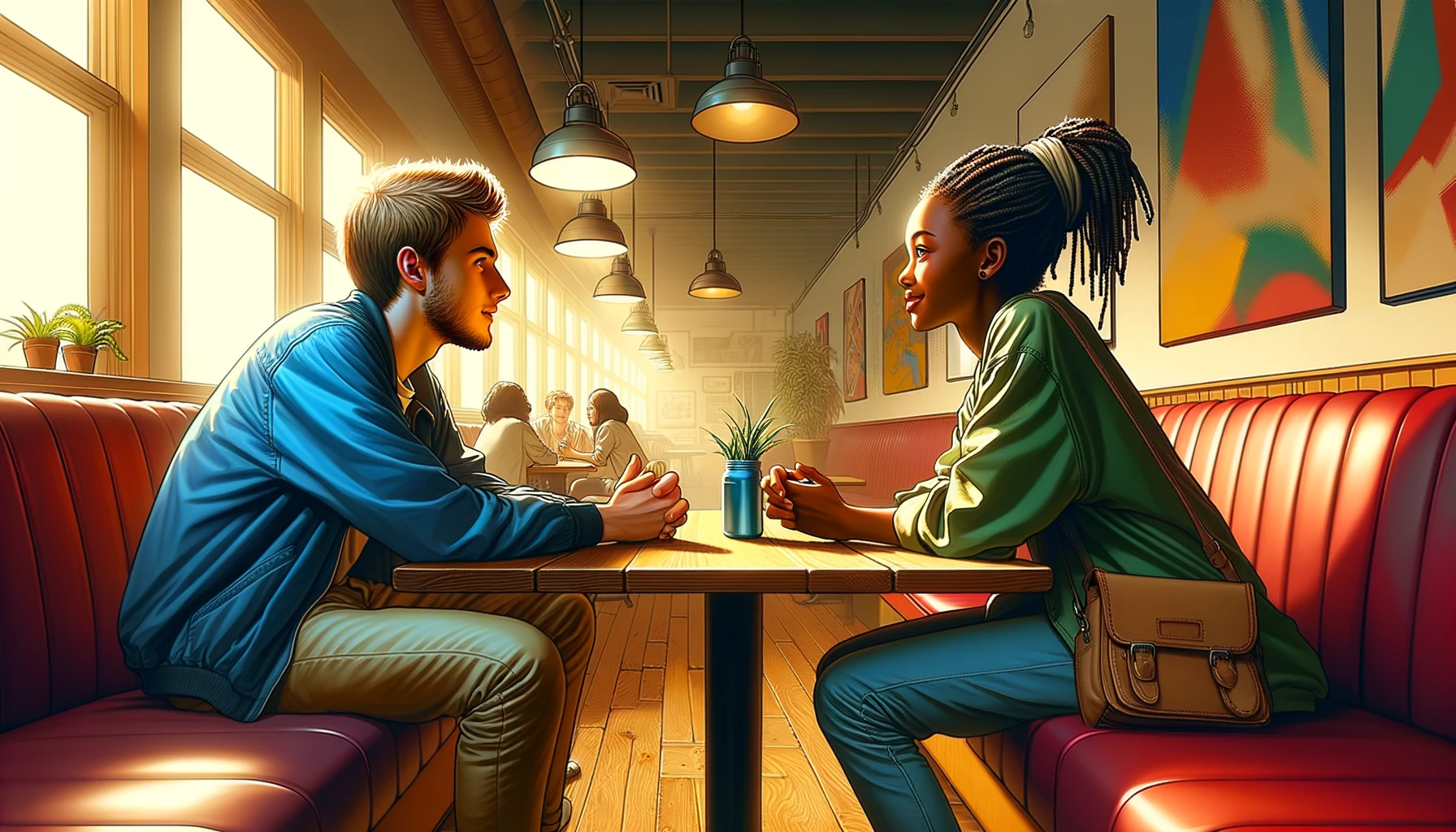 Young man and woman connecting over common interests in a cafe