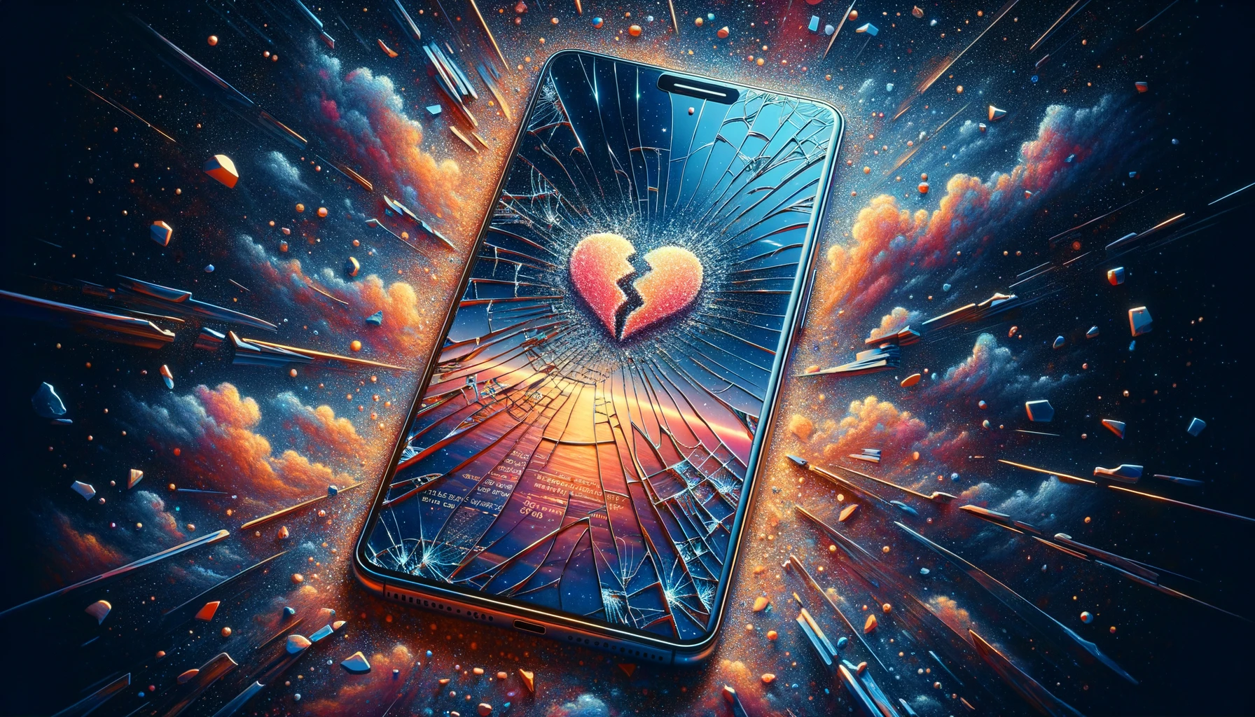 Surrealist illustration of a broken smartphone screen revealing fading messages and a fractured heart, symbolizing digital infidelity