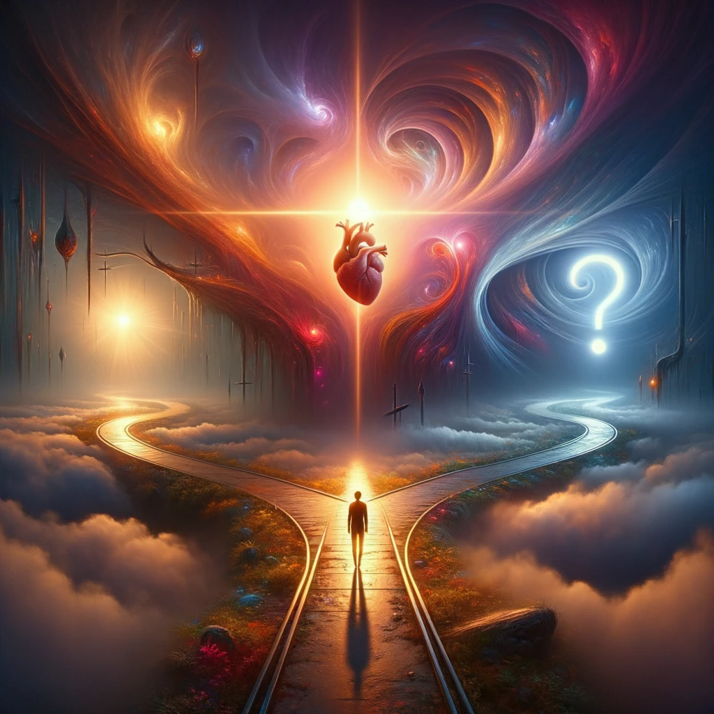 Surreal illustration of relationship crossroads, symbolizing difficult choices in love