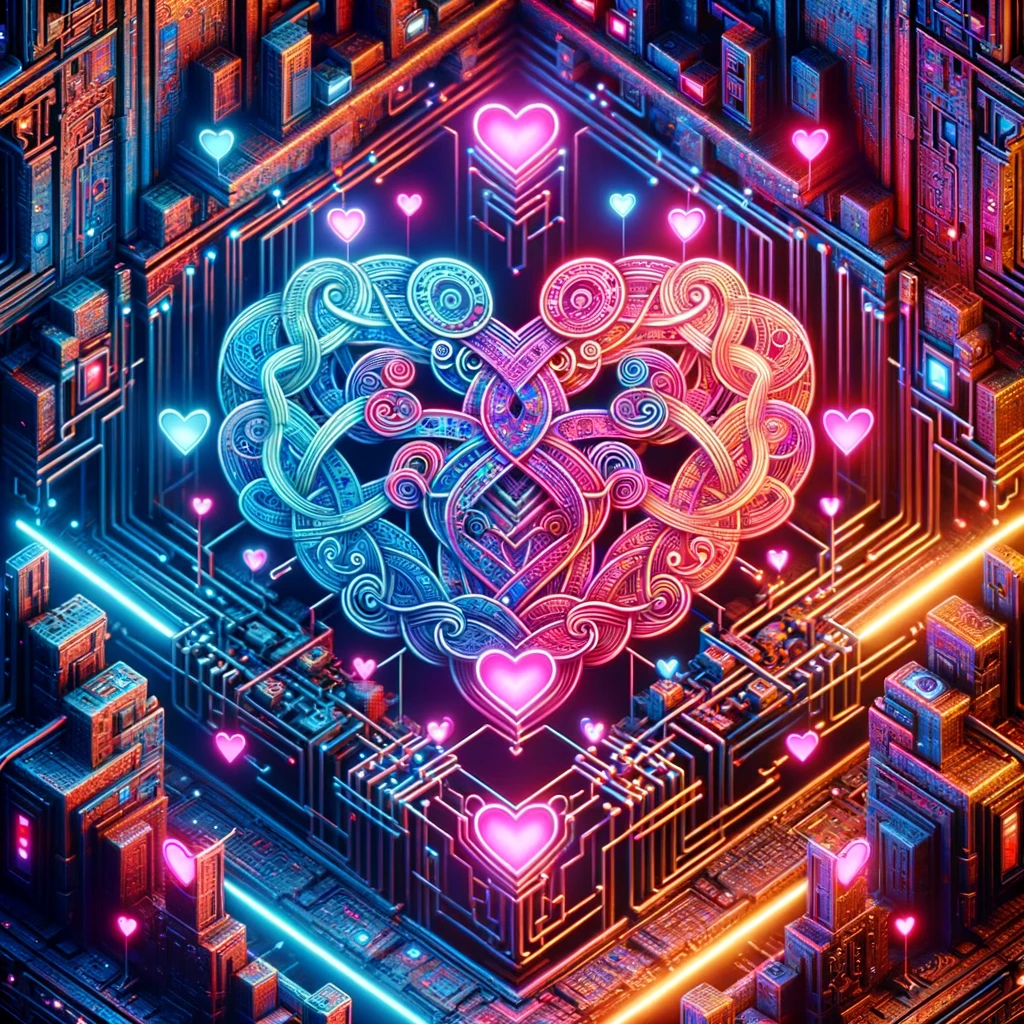 Surrealist digital illustration depicting the fusion of love and technology in modern dating