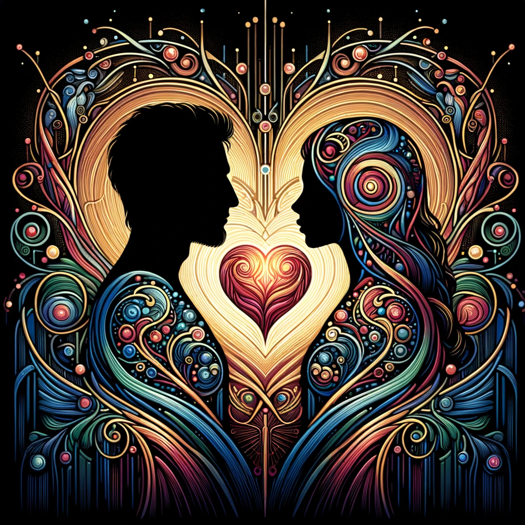 Abstract illustration of two people connecting through a heart, symbolizing a serious relationship