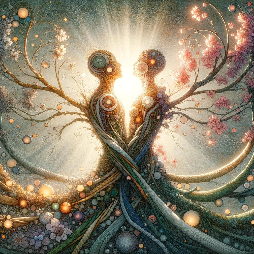 Surrealistic illustration of a couple's growth in a long-term relationship, symbolized by intertwining vines and blossoming flowers