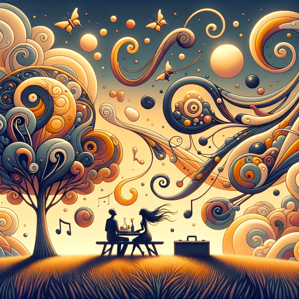 Surreal romantic picnic scene with musical elements and nature