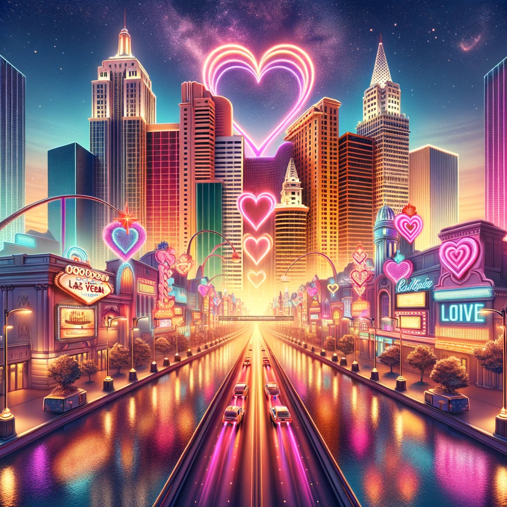 Surreal Las Vegas skyline with neon hearts and landmarks, symbolizing romantic adventures