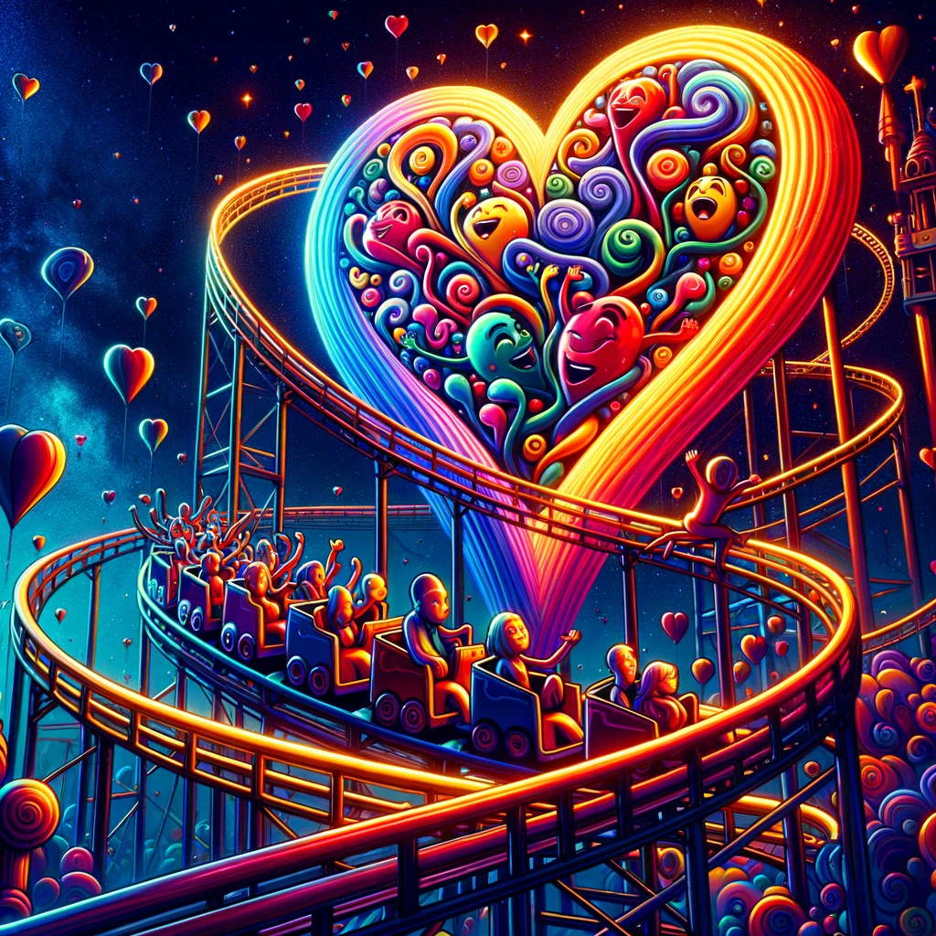 Surreal heart-shaped emotional rollercoaster of love depicting the ups and downs of romantic feelings