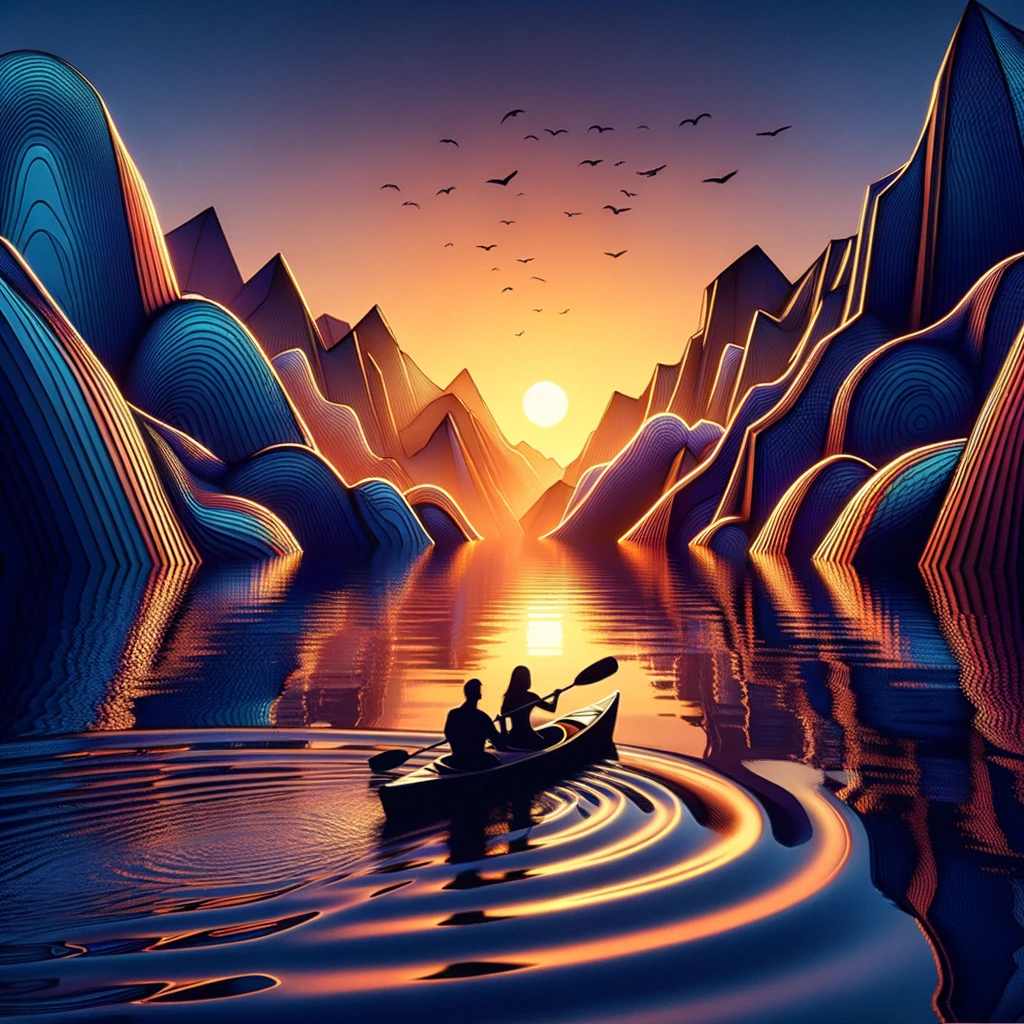 Abstract illustration of a couple kayaking on a serene lake at sunset