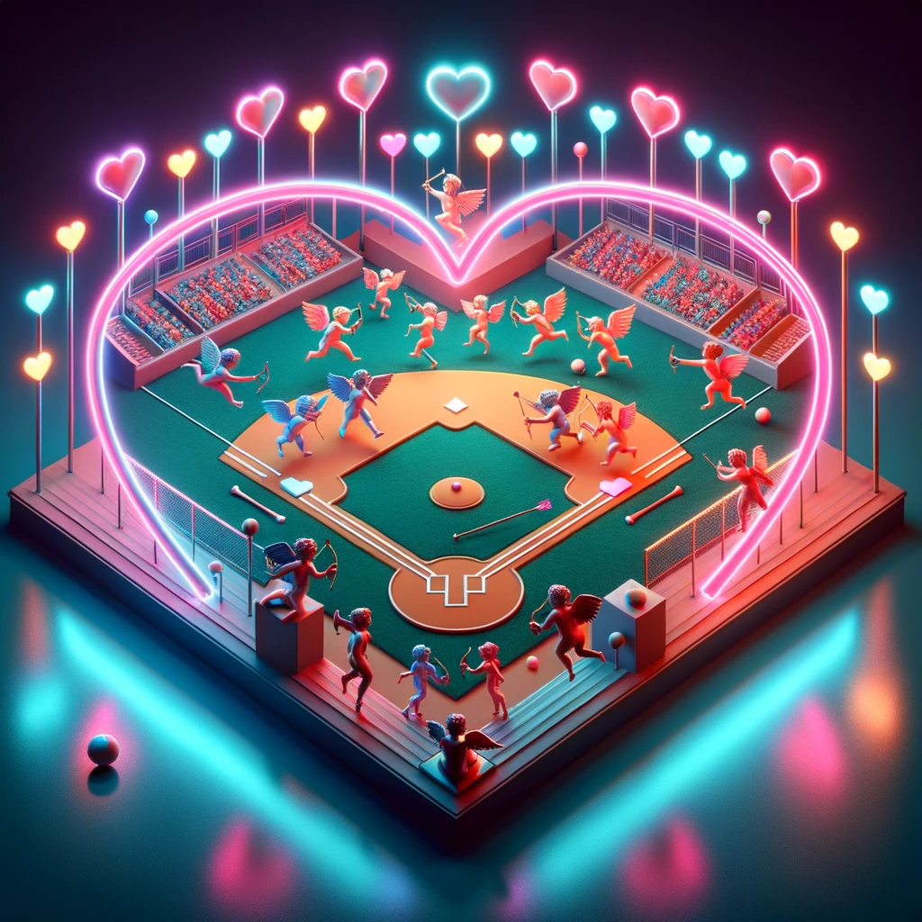 Surreal heart-shaped baseball diamond representing the stages of love and intimacy