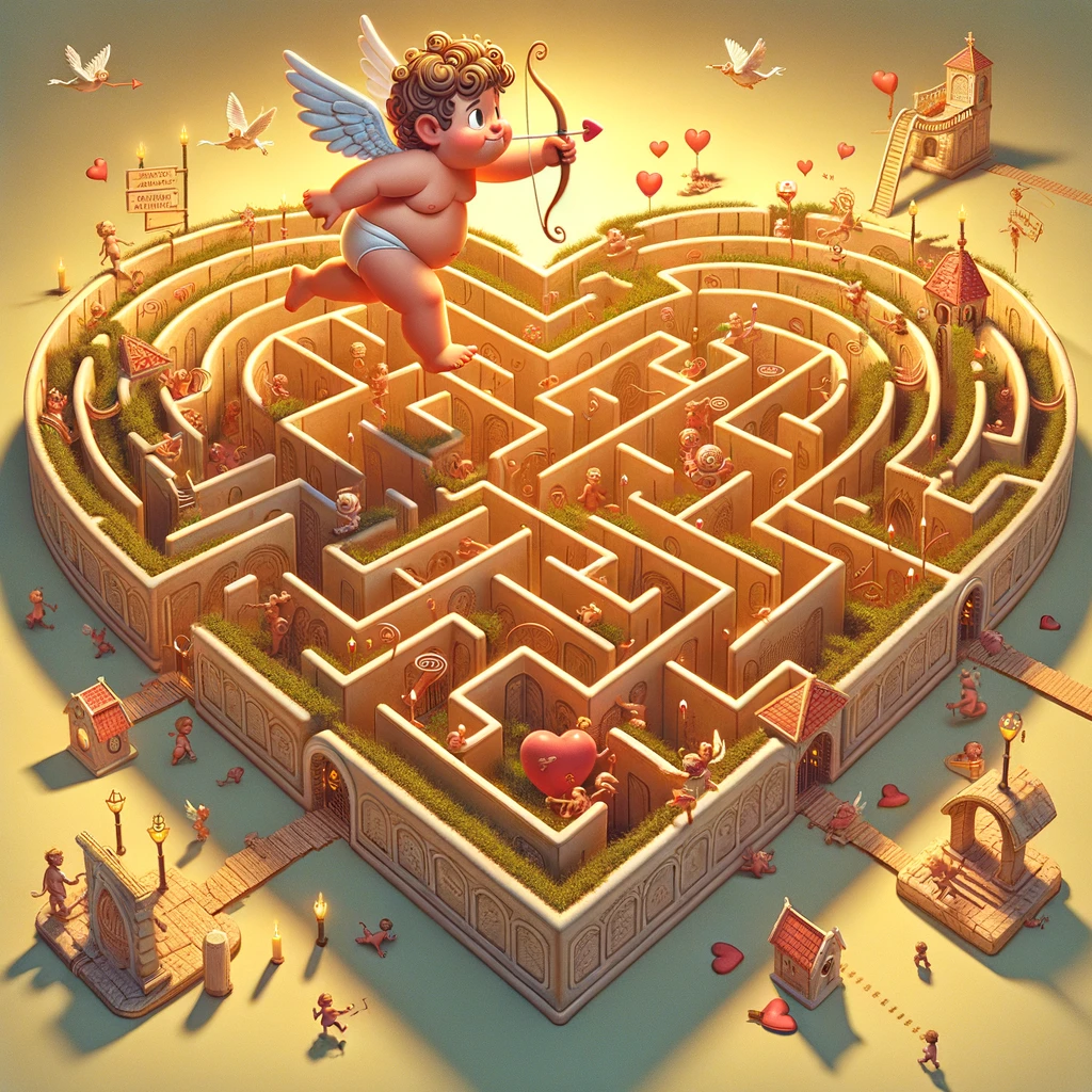 Humorous illustration of Cupid navigating a heart-shaped maze of love