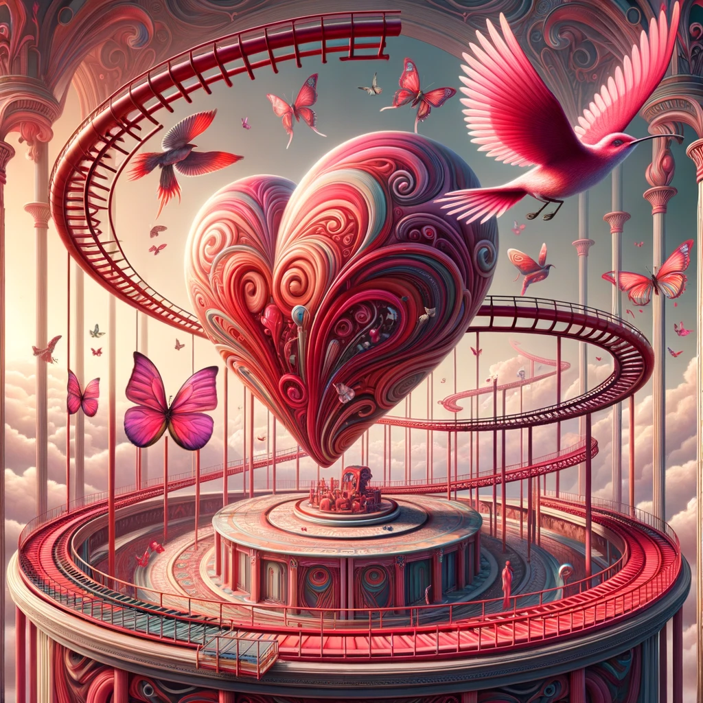 Surreal heart-shaped rollercoaster symbolizing the thrilling journey of new romance