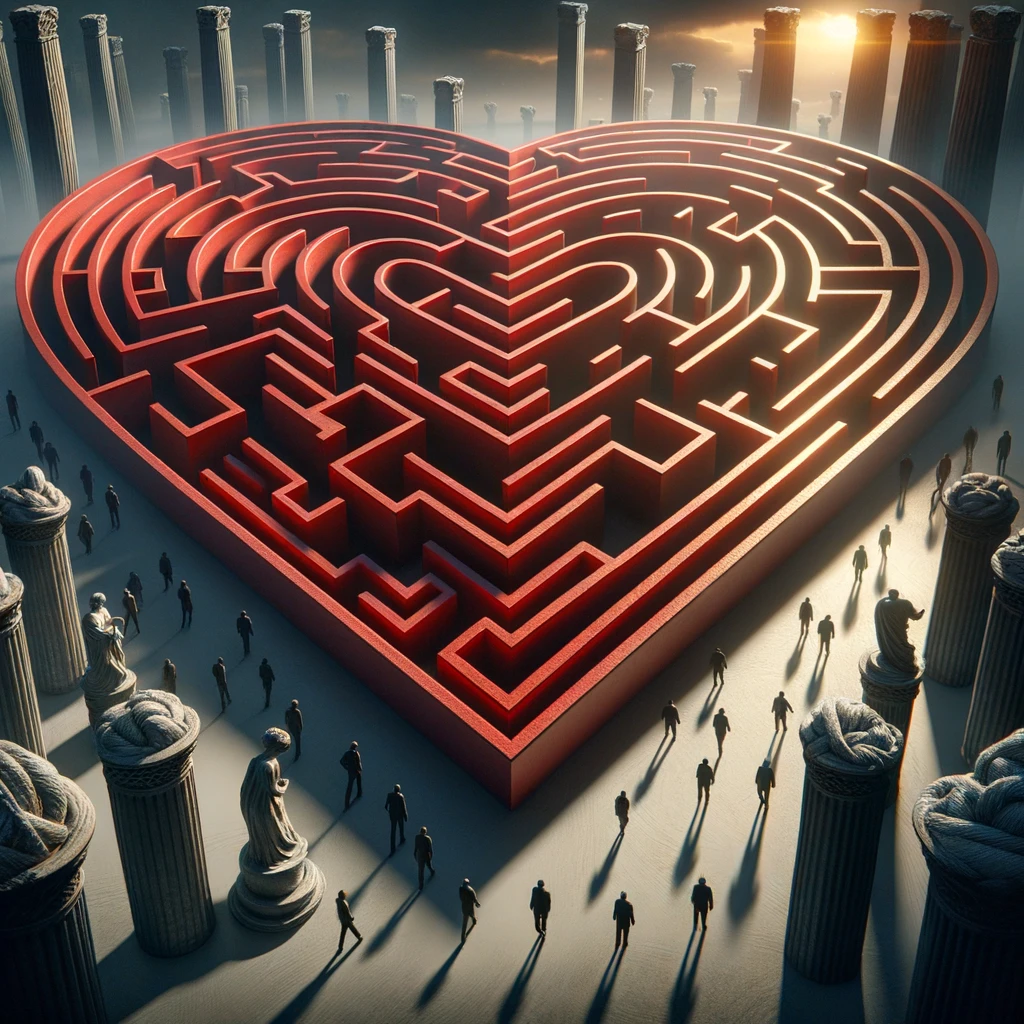 Surreal heart-shaped maze illustrating the complexities of decoding relationship intentions