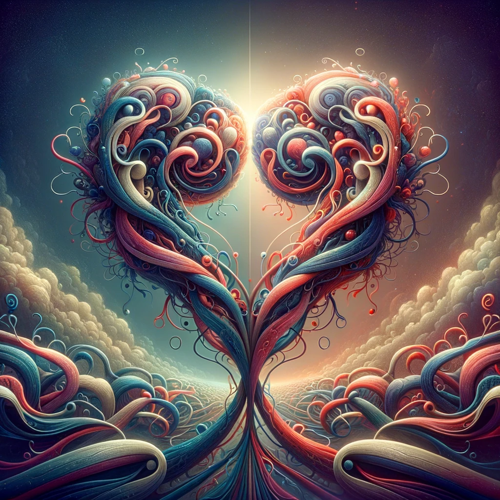 Surrealist illustration of separating hearts symbolizing the end of a long-term relationship