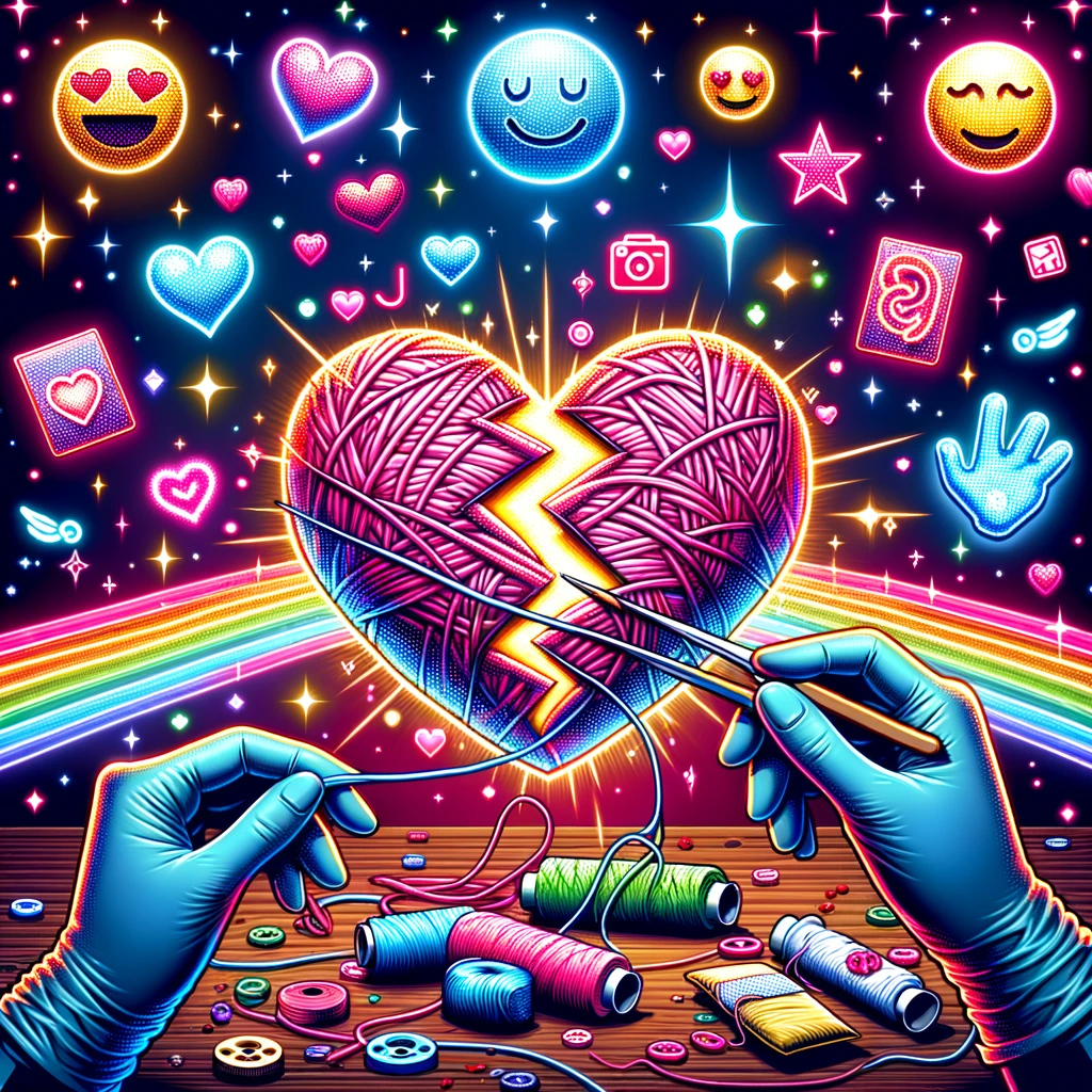 Whimsical pop art illustration of a broken heart being repaired with vibrant threads, surrounded by self-care symbols