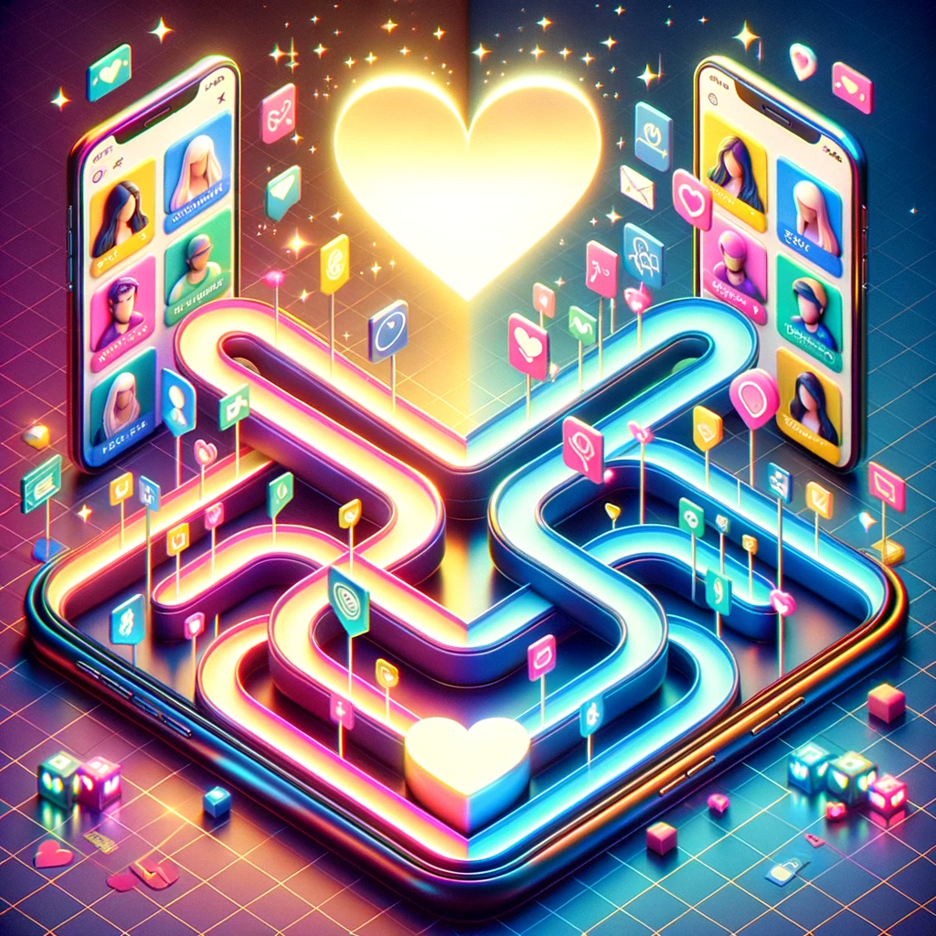 Abstract illustration of contrasting dating app approaches merging at a heart symbol, representing digital romance and connection