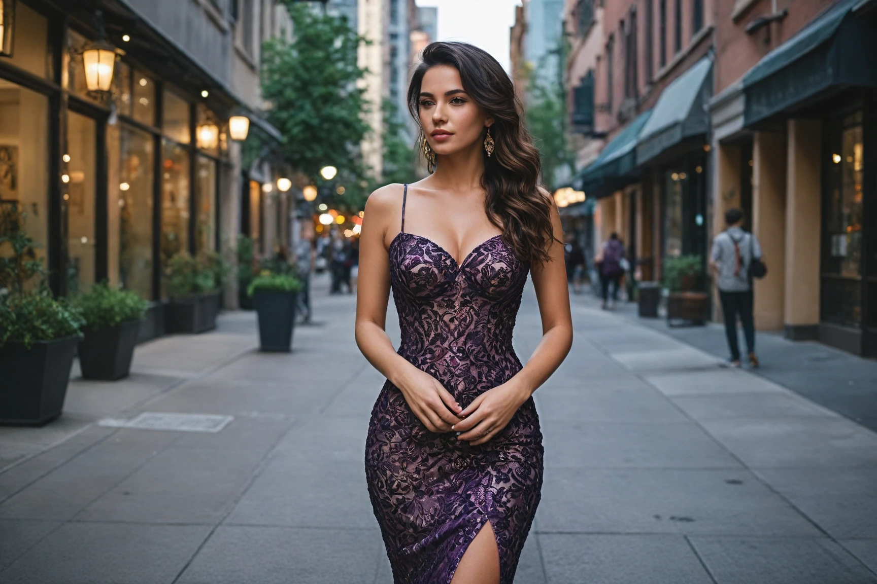 Attractive woman in figure-hugging dress, urban backdrop, emphasizing curves and confidence for dating app profile