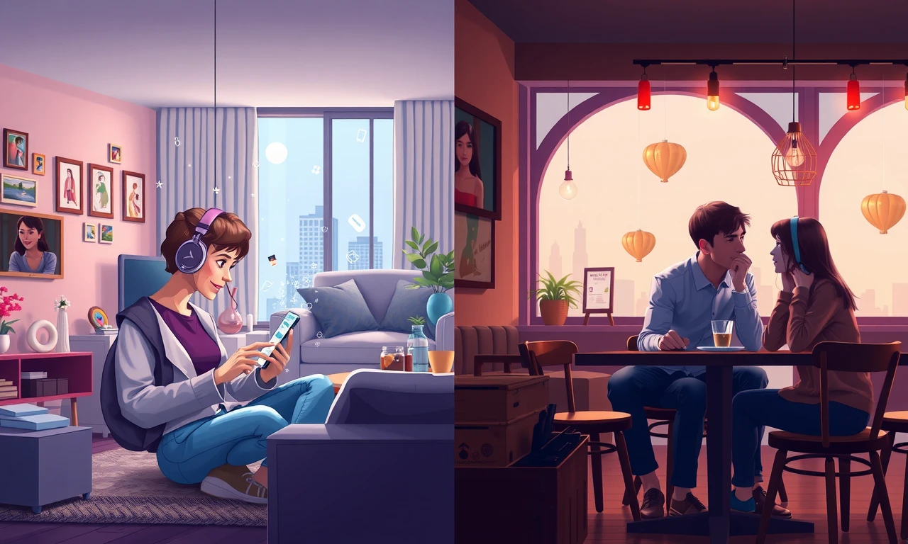 Split-screen comparison: online dating with smartphone vs. traditional dating in cafe, highlighting digital vs. in-person interactions