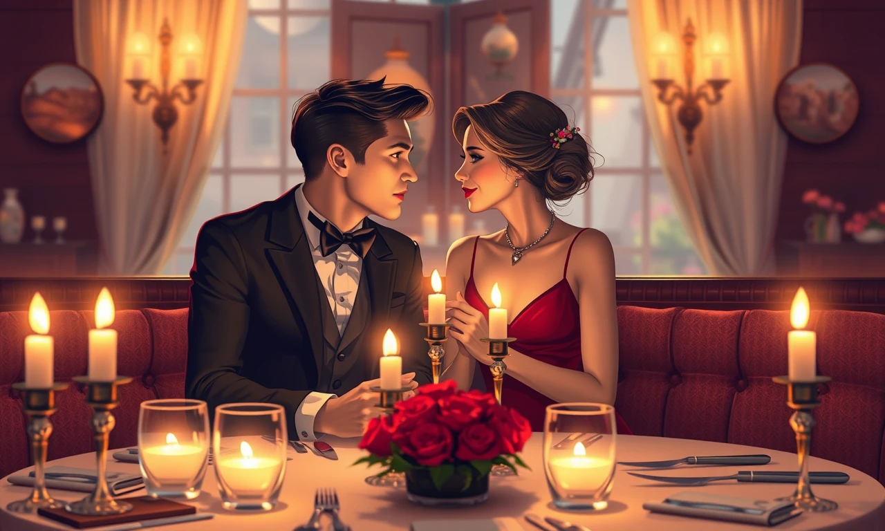 Couple on traditional date in romantic restaurant setting, capturing essence of classic courtship