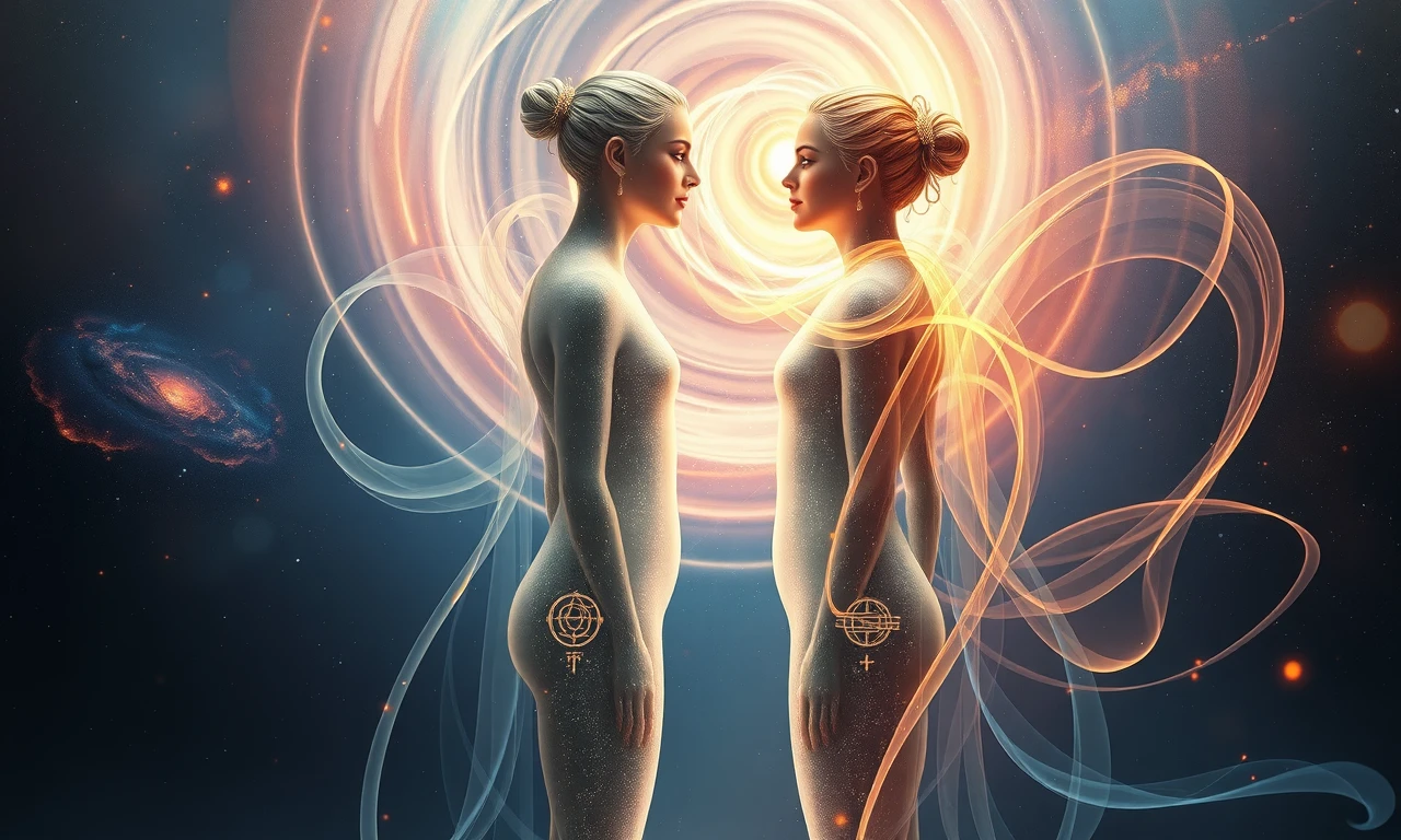 Ethereal soulmates gazing intensely, surrounded by cosmic energies, depicting profound spiritual and emotional connection