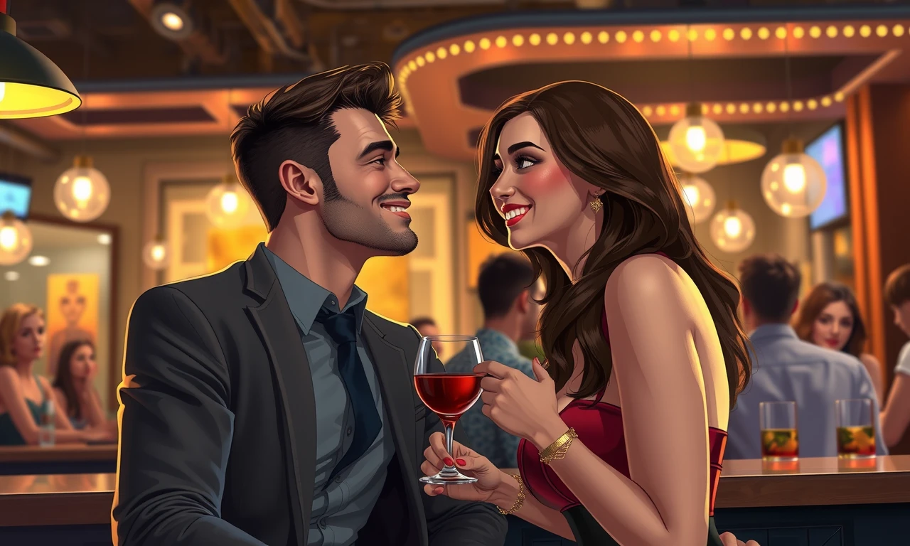 Couple flirting at bar, subtle body language, eye contact, warm lighting, photorealistic digital illustration