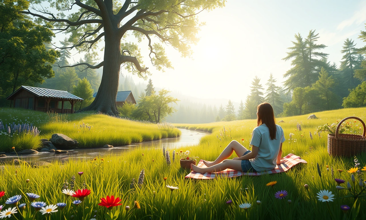 Introverted couple on romantic nature picnic, surrounded by wildflowers and trees, perfect for quiet outdoor date