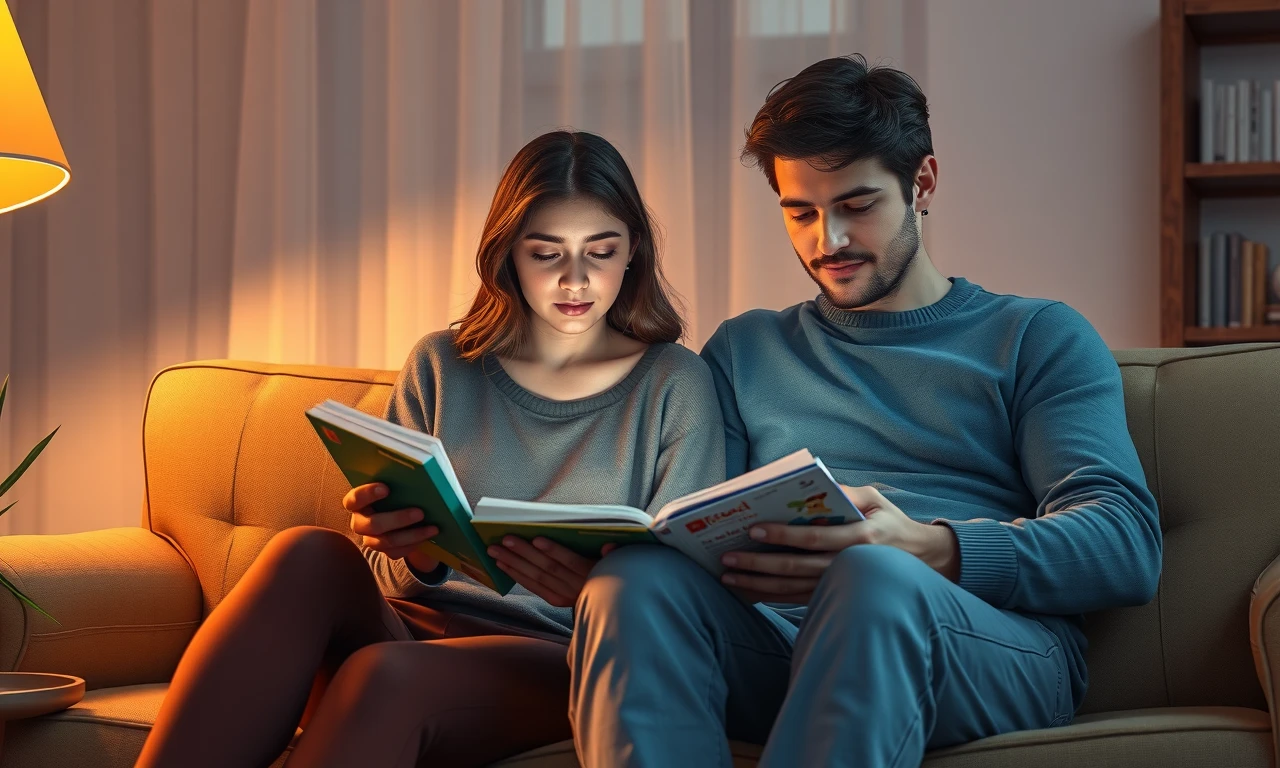 Introverted couple on cozy indoor date, engaged in shared quiet activity, soft lighting, intimate atmosphere