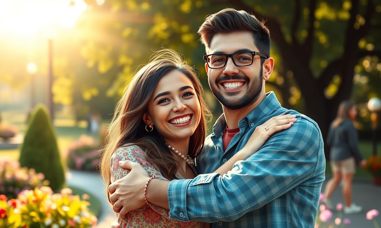 Happy couple embracing in park, radiating love and joy, surrounded by vibrant nature