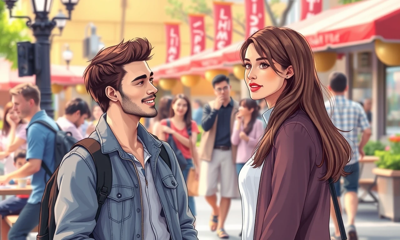 Man respectfully approaching woman in public, both looking comfortable and engaged, in a vibrant urban setting