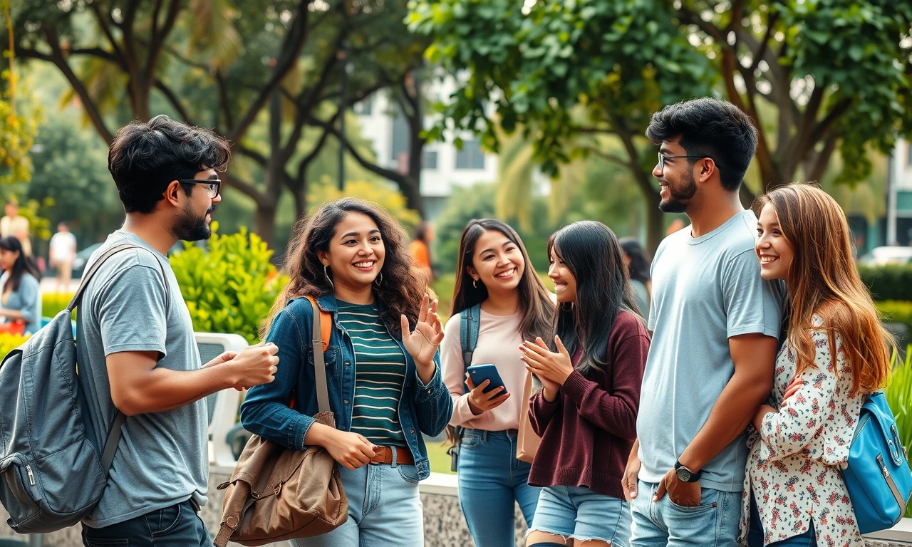 Diverse youth interacting positively in park, showcasing genuine connections and friendly body language