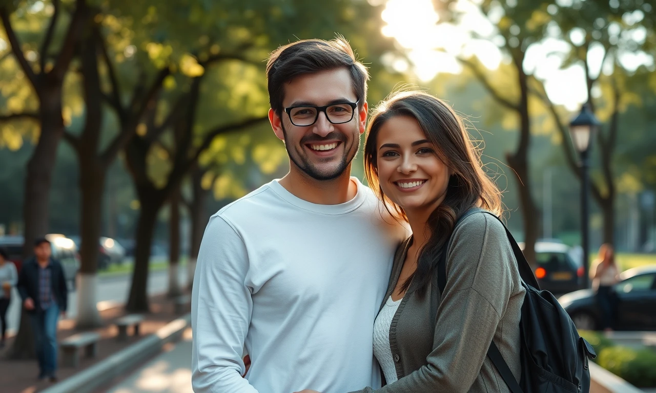 Loving couple in park, smiling and making eye contact, demonstrating respectful body language and genuine connection