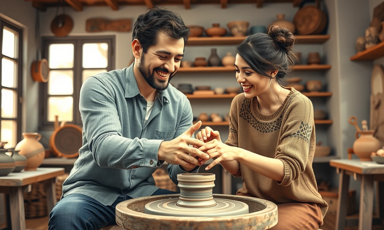 Couple creating pottery together, sharing joyful moment in ceramic studio, exemplifying creative date night activity