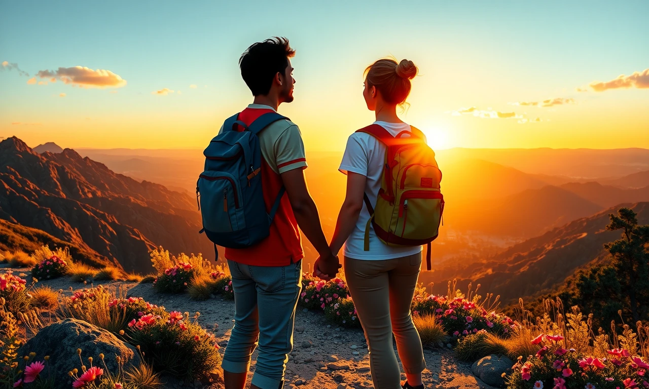 Couple enjoying sunset mountain hike, sharing authentic connection through outdoor activity