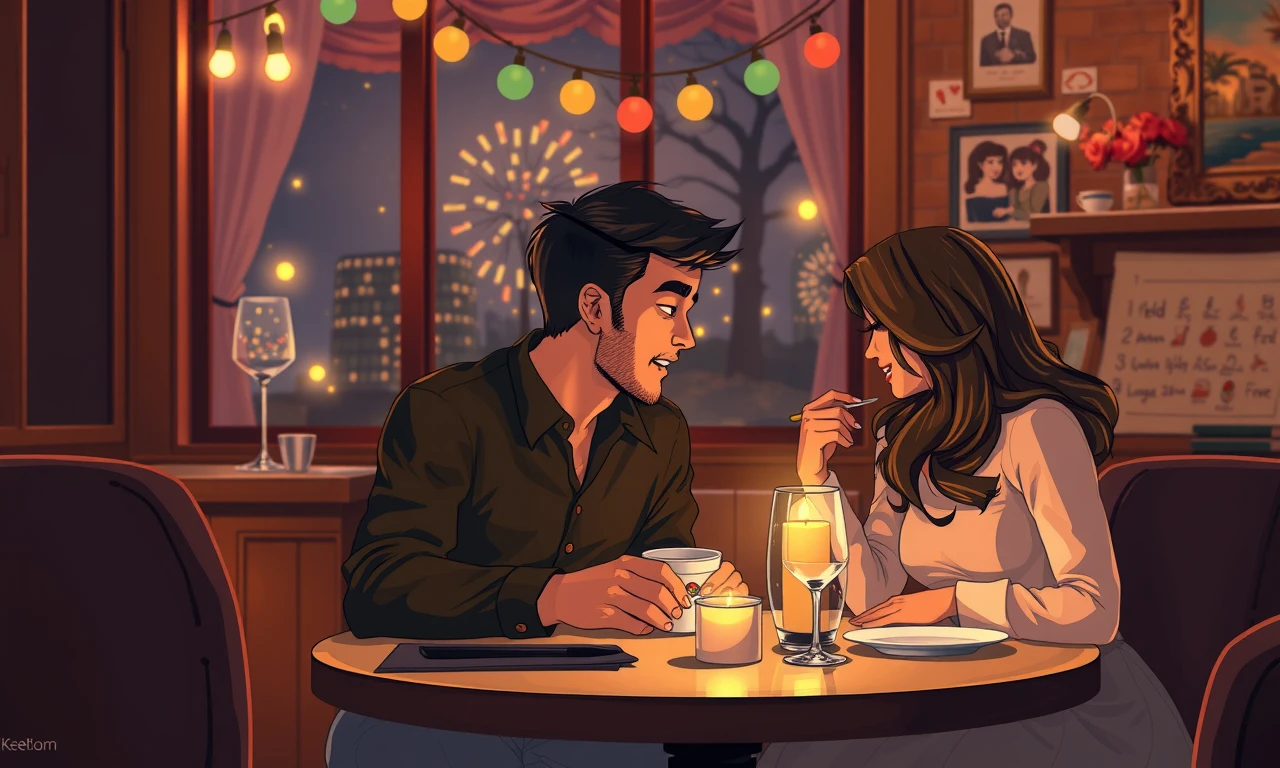 Couple on romantic date night, sharing intimate dinner in cozy restaurant with candlelight ambiance