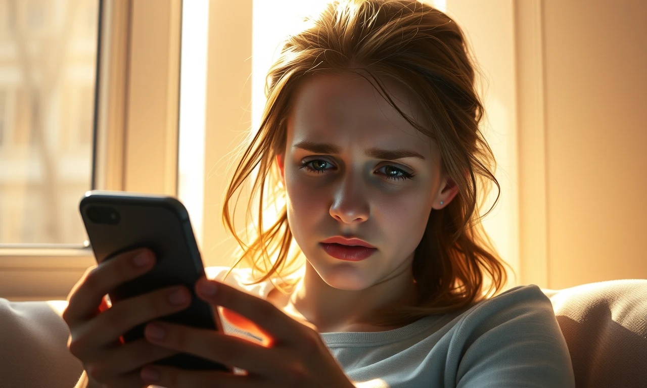 Young woman anxiously checking phone by sunlit window, reflecting digital-induced relationship insecurity