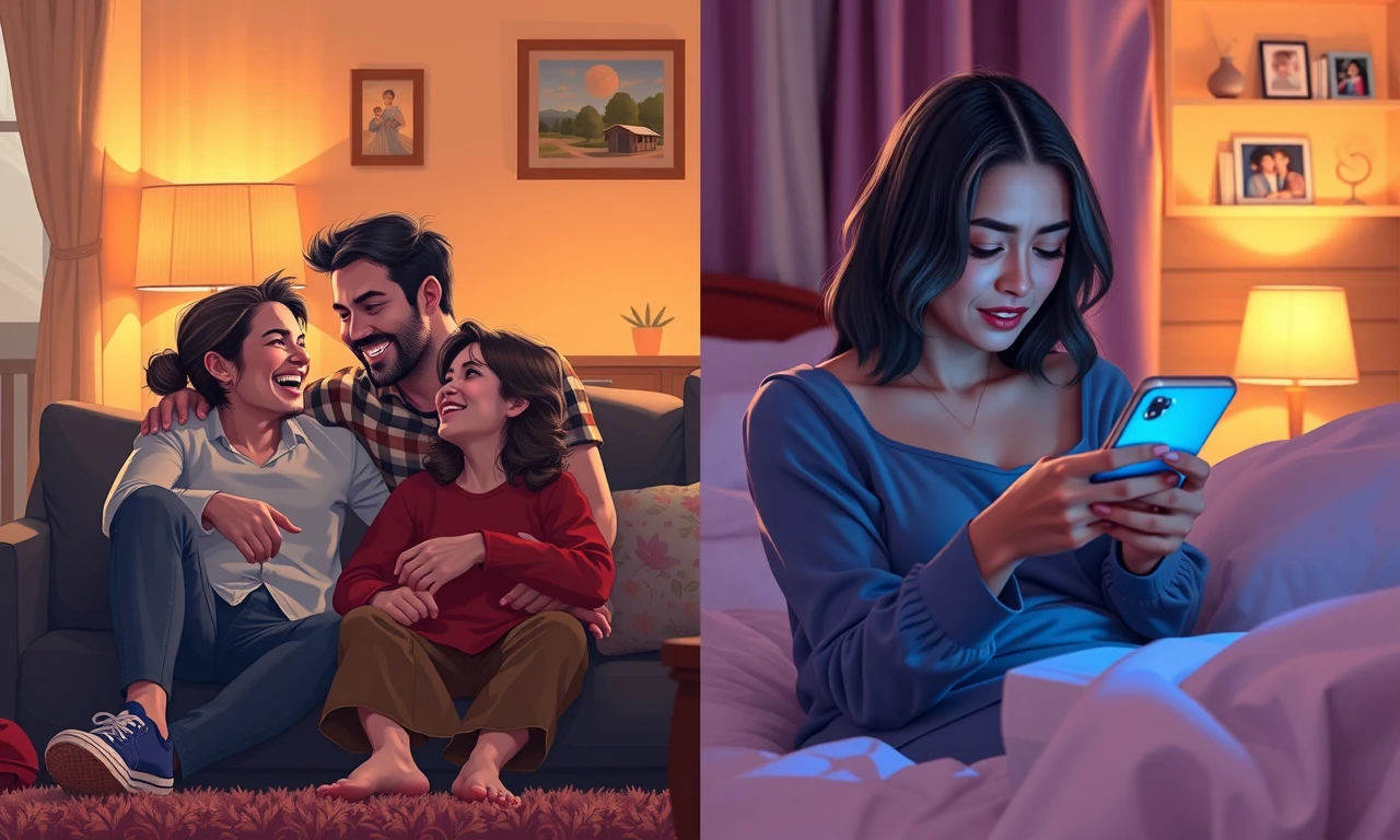 Split-screen: authentic couple vs. anxious woman on social media, illustrating relationship insecurity and comparison