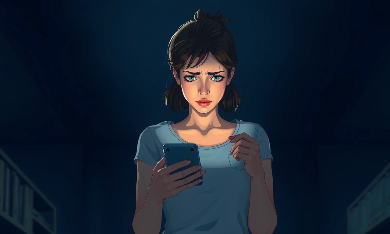 Insecure woman anxiously checking phone, biting nails, with worried expression in dimly lit room