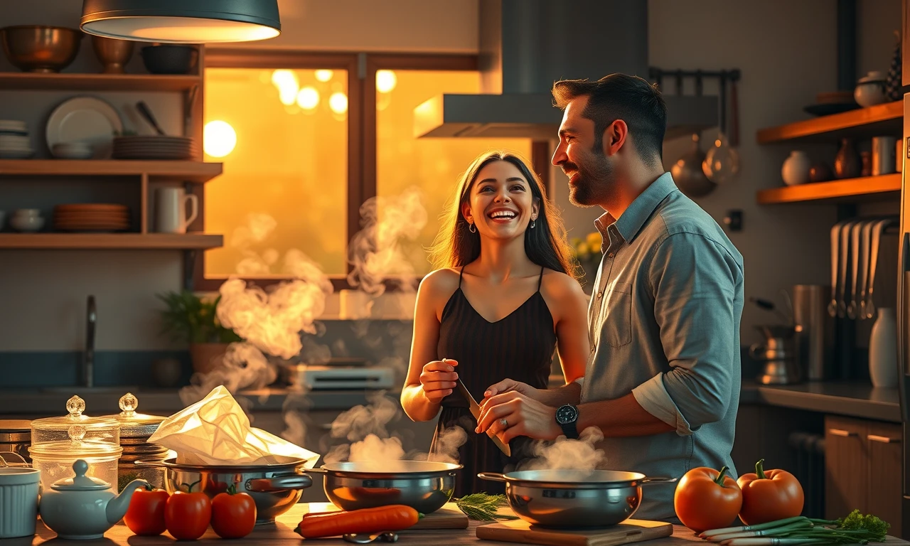 Couple cooking together in golden hour light, sharing intimate culinary experience in professional kitchen