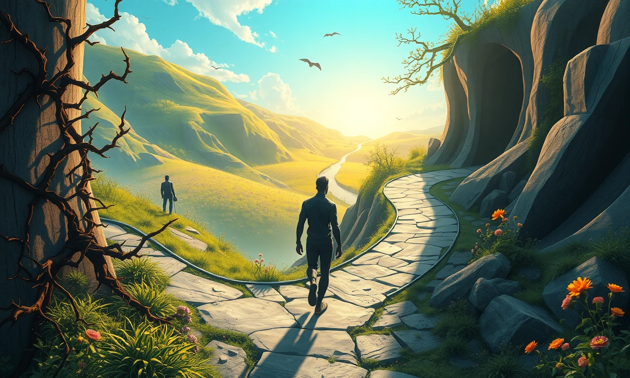 Surreal landscape depicting journey from insecurity to confidence, with evolving figure on winding path from shadows to light