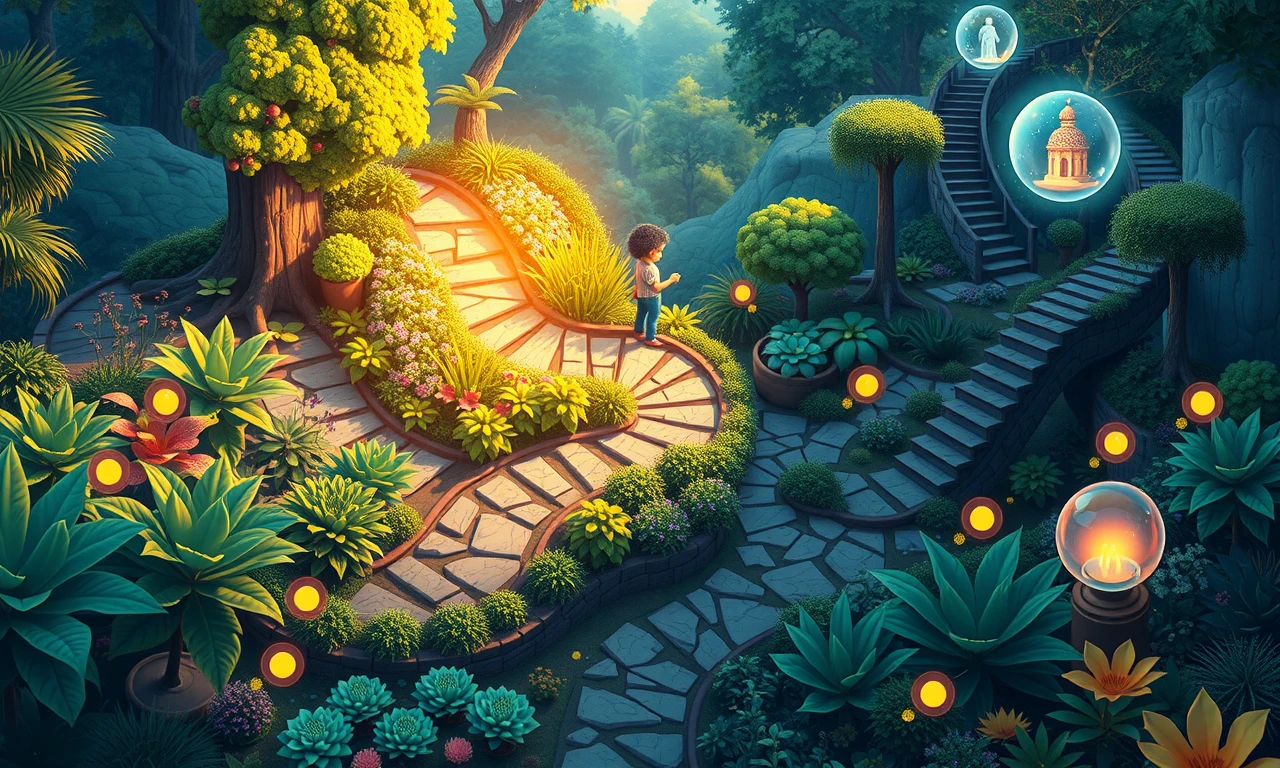 Surreal garden metaphor for personal growth, figure tending to diverse plants along winding path with milestones and glowing insights