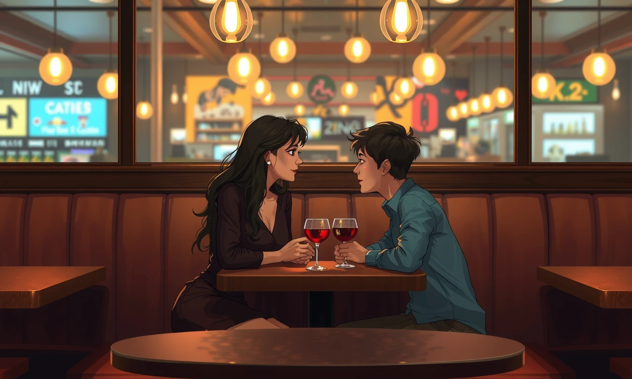 Romantically interested couple on second date, sitting close in restaurant booth, showing mutual attraction