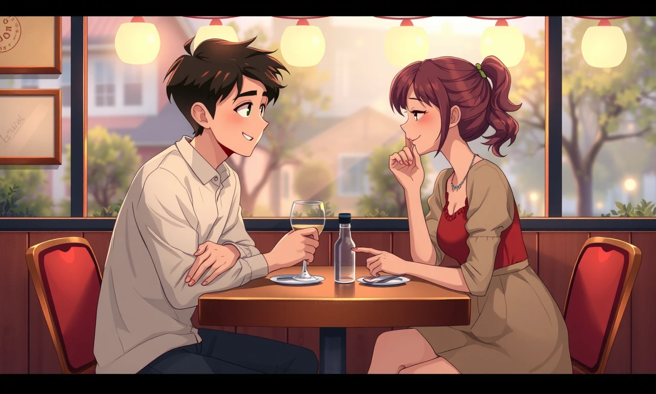 Boy and girl on first date at cafe, showing mutual attraction and interest