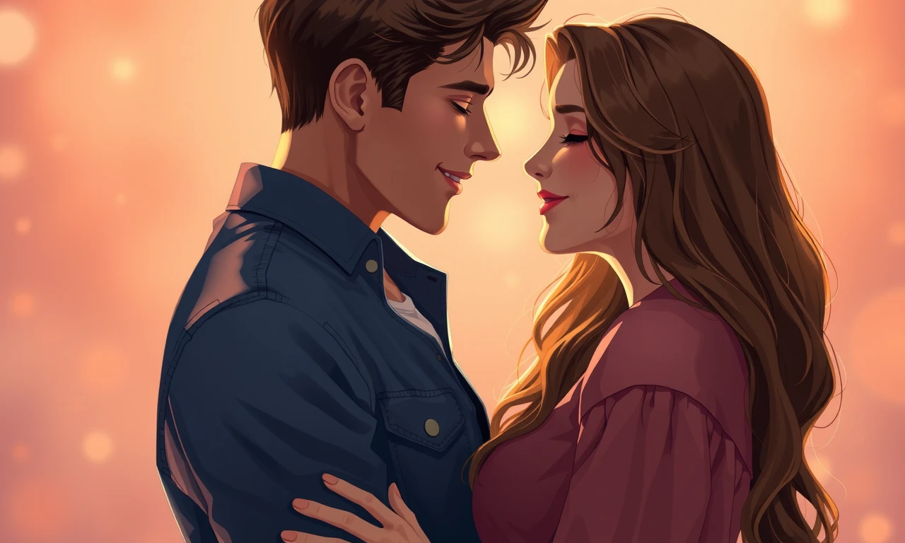 Couple in love gazing into each other's eyes, tender moment, soft lighting, photorealistic digital illustration