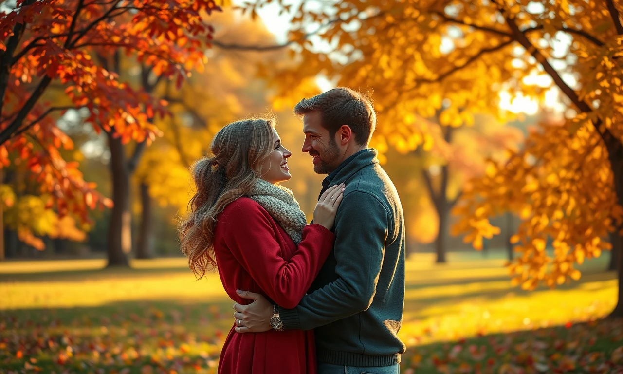 Couple in love embracing in park, discussing future plans, surrounded by autumn foliage, photorealistic style