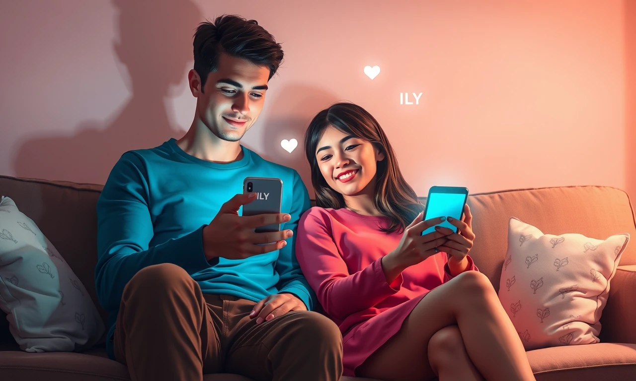 Young couple on couch, exchanging digital messages with floating 'ILY' acronym, smartphones illuminating their faces