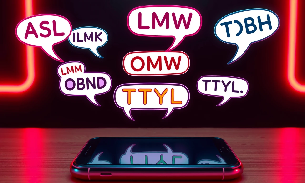 Modern dating acronyms illustrated as colorful text bubbles floating above a smartphone screen, featuring ASL, LMK, NBD, OMW, TBH, TTYL, DTR