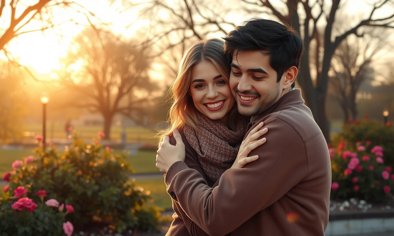 Loving couple embracing in park, radiating warmth and affection, golden hour lighting, photorealistic style