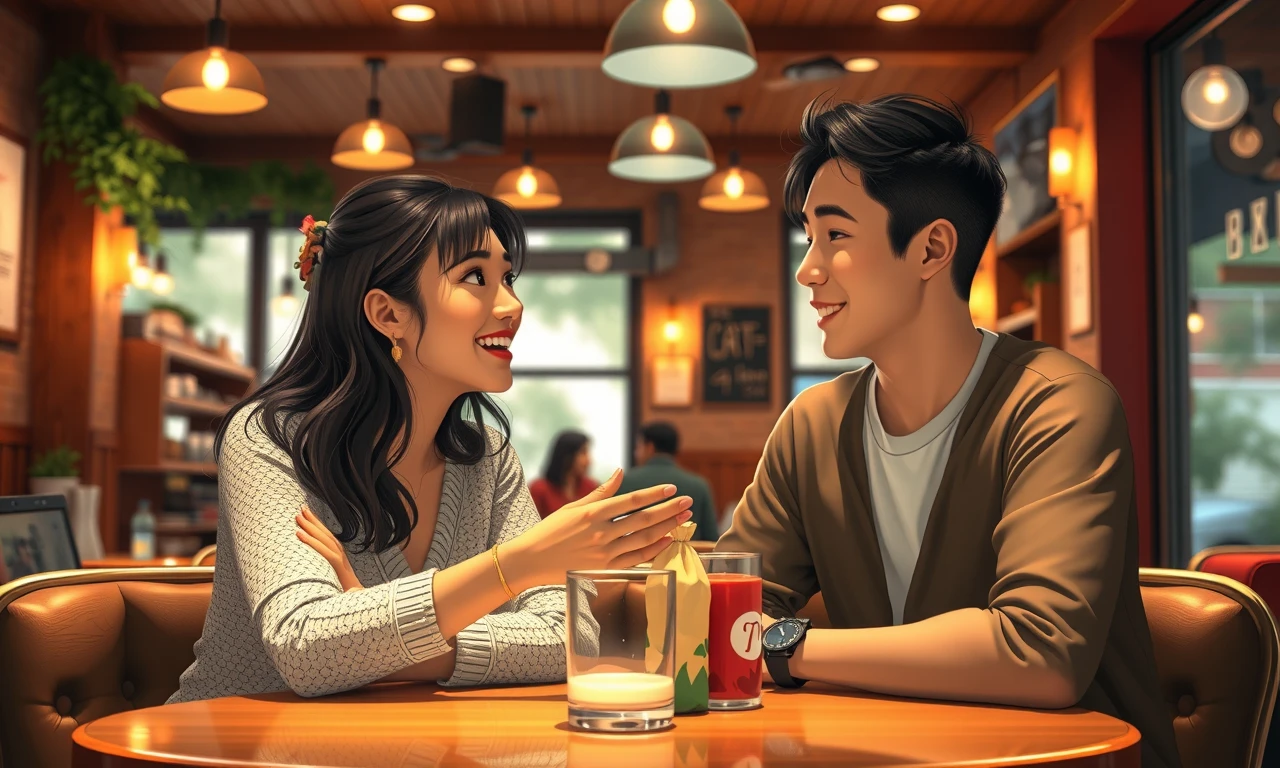 Young couple chatting animatedly in a cafe, engaged in lively second date conversation