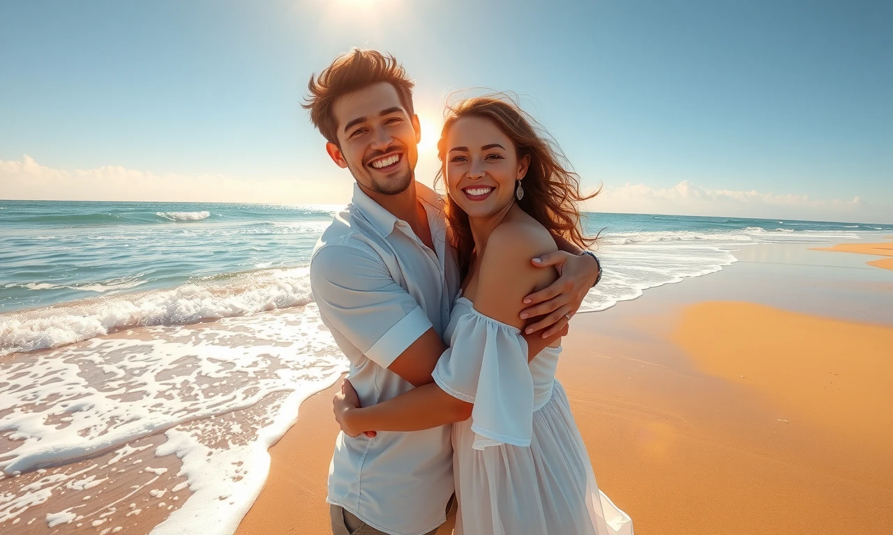 Joyful couple embracing on sunny beach, showcasing signs of a healthy, ready relationship