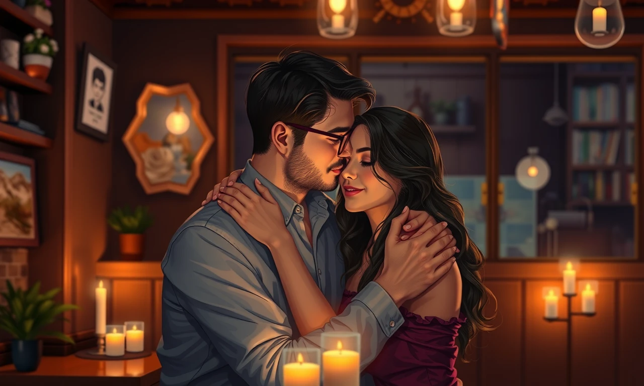 Loving couple embracing in romantic cafe setting, candlelit atmosphere, tender moment captured