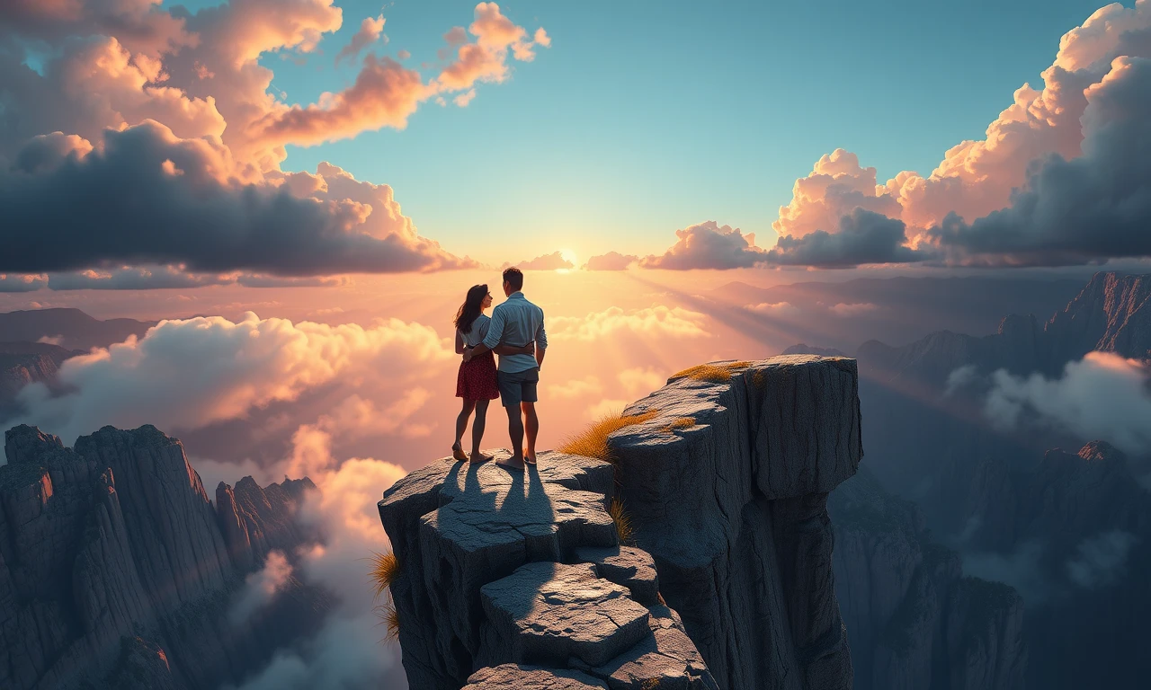 Couple on cliff edge, overcoming relationship challenges, symbolic surreal illustration of casual dating becoming serious